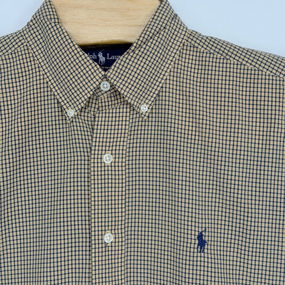 Vintage Ralph Lauren Button Down Mens L Yellow Navy Gingham Blake Preppy Pony